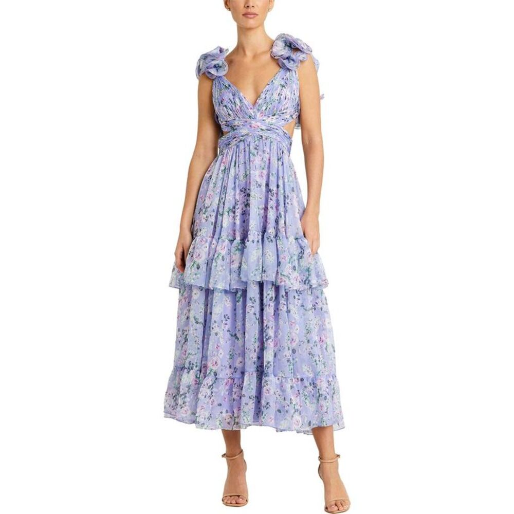 Mac Duggal Lavender Floral Ruffled Midi Dress